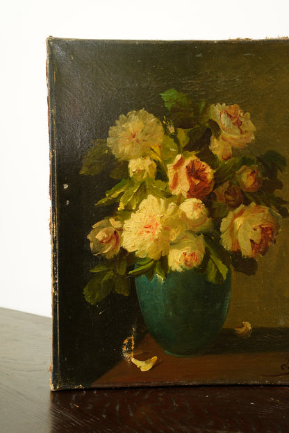 Antique French Floral Oil Painting, Roses, Signed