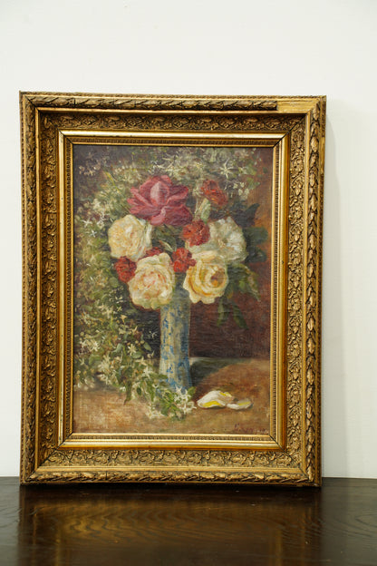Antique French Rose Oil Painting, Floral Still Life, Ca. 1900