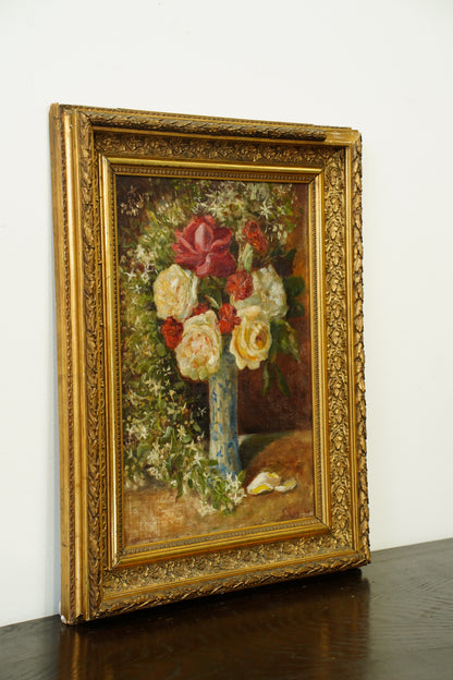 Antique French Rose Oil Painting, Floral Still Life, Ca. 1900