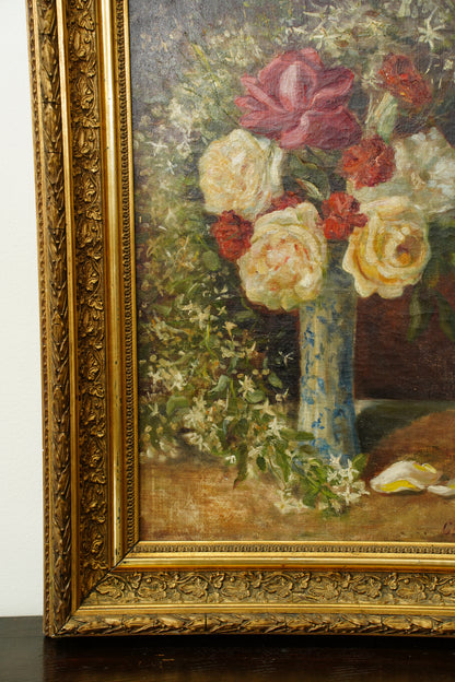 Antique French Rose Oil Painting, Floral Still Life, Ca. 1900