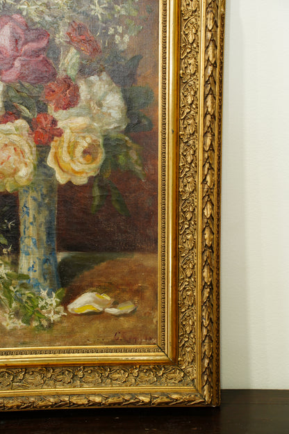 Antique French Rose Oil Painting, Floral Still Life, Ca. 1900