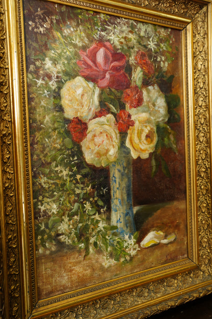 Antique French Rose Oil Painting, Floral Still Life, Ca. 1900