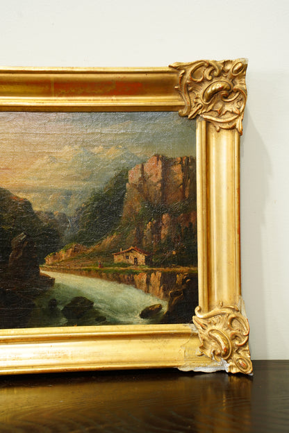 Antique European Oil Painting Mountain Gorge Landscape, Circa 1870