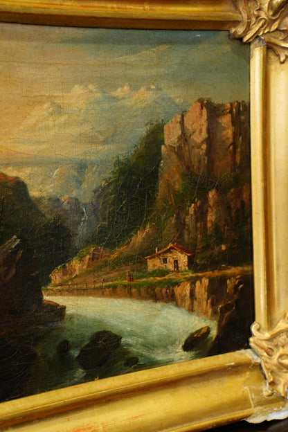 Antique European Oil Painting Mountain Gorge Landscape, Circa 1870