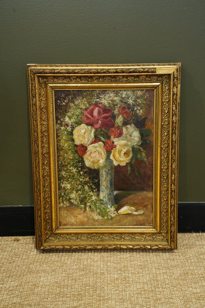 Antique French Rose Oil Painting, Floral Still Life, Ca. 1900