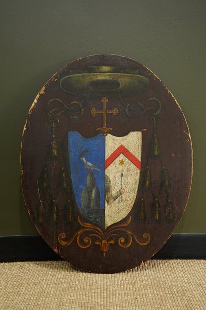 Antique Continental Coat of Arms Painting on Wood, Oval Unframed