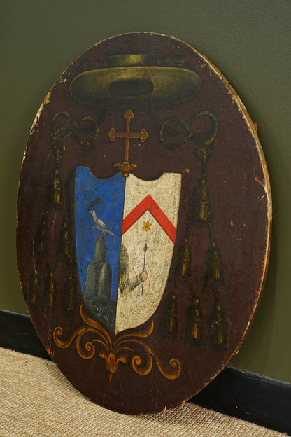 Antique Continental Coat of Arms Painting on Wood, Oval Unframed