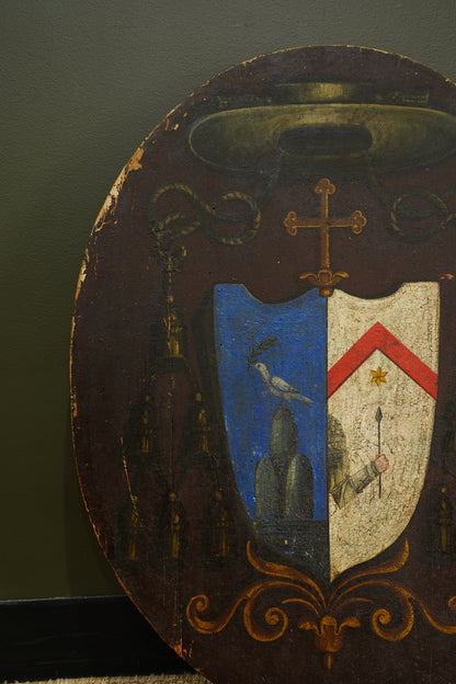 Antique Continental Coat of Arms Painting on Wood, Oval Unframed
