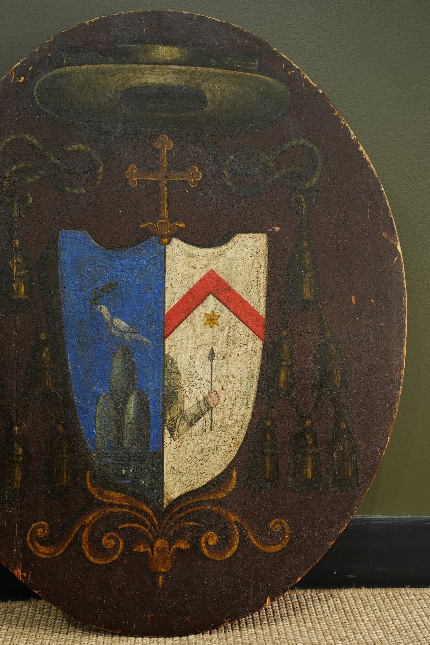 Antique Continental Coat of Arms Painting on Wood, Oval Unframed