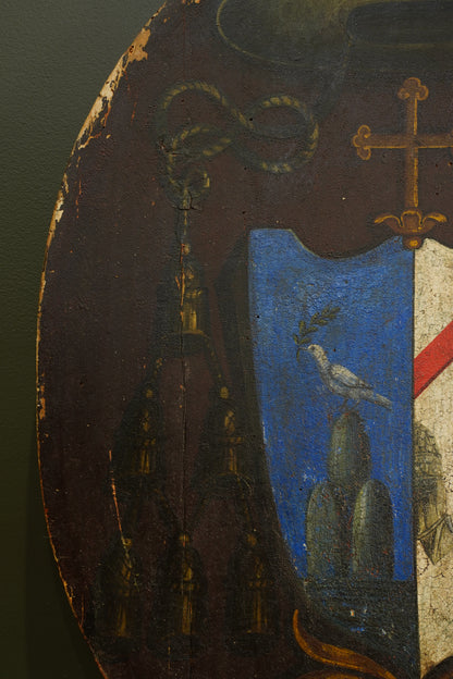 Antique Continental Coat of Arms Painting on Wood, Oval Unframed
