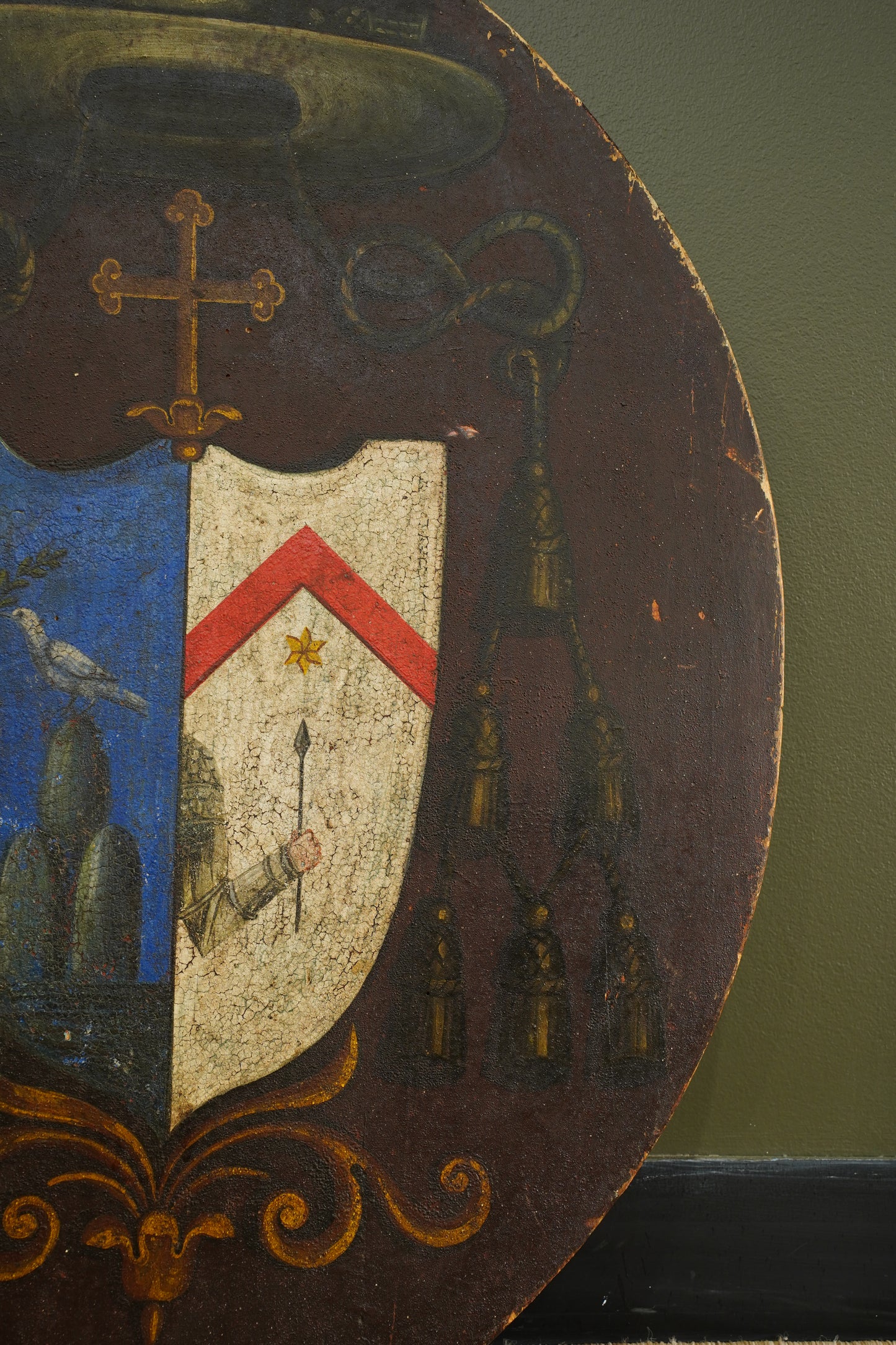 Antique Continental Coat of Arms Painting on Wood, Oval Unframed