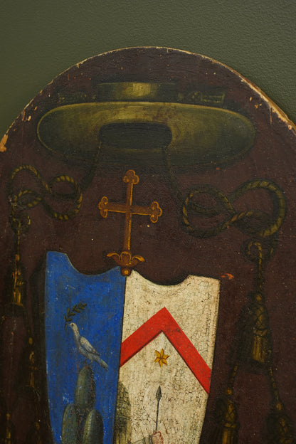 Antique Continental Coat of Arms Painting on Wood, Oval Unframed
