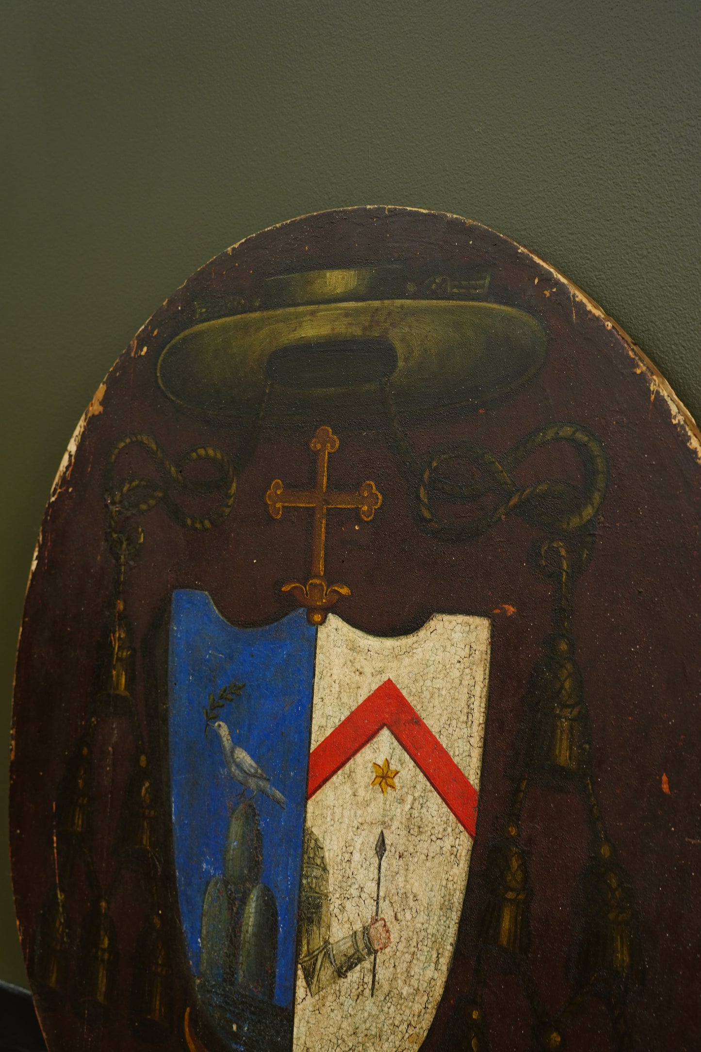 Antique Continental Coat of Arms Painting on Wood, Oval Unframed
