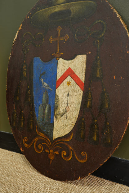 Antique Continental Coat of Arms Painting on Wood, Oval Unframed