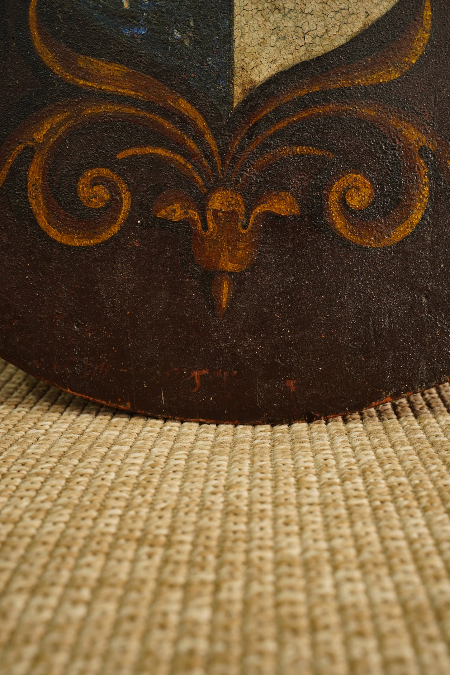 Antique Continental Coat of Arms Painting on Wood, Oval Unframed