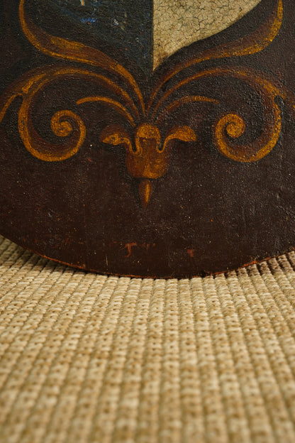 Antique Continental Coat of Arms Painting on Wood, Oval Unframed