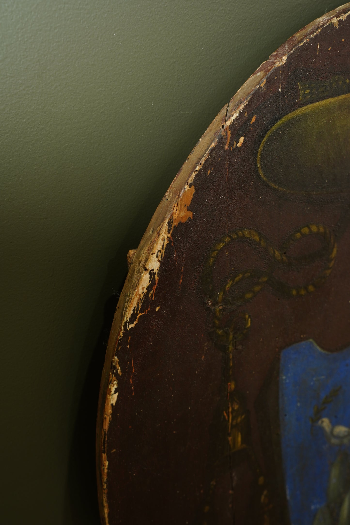 Antique Continental Coat of Arms Painting on Wood, Oval Unframed