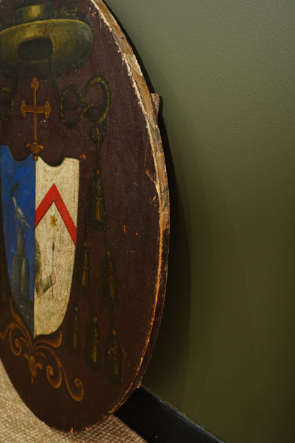 Antique Continental Coat of Arms Painting on Wood, Oval Unframed