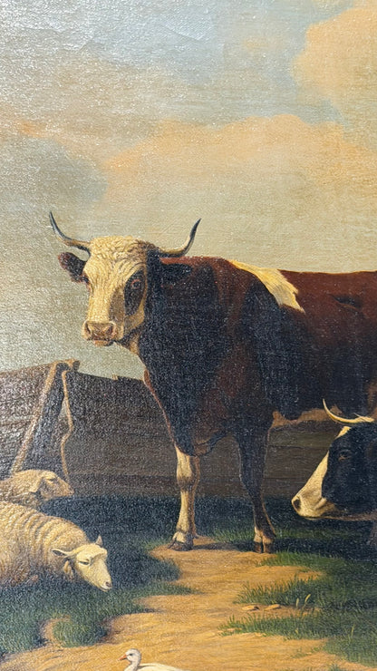 Antique Signed Dutch Oil Painting of Cows and Sheep in Meadow