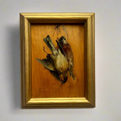 Pair of French “Art Mort” Oil Studies – 1920s Trompe-l’Œil Bird Paintings on Wood Panel, Signed F.S.