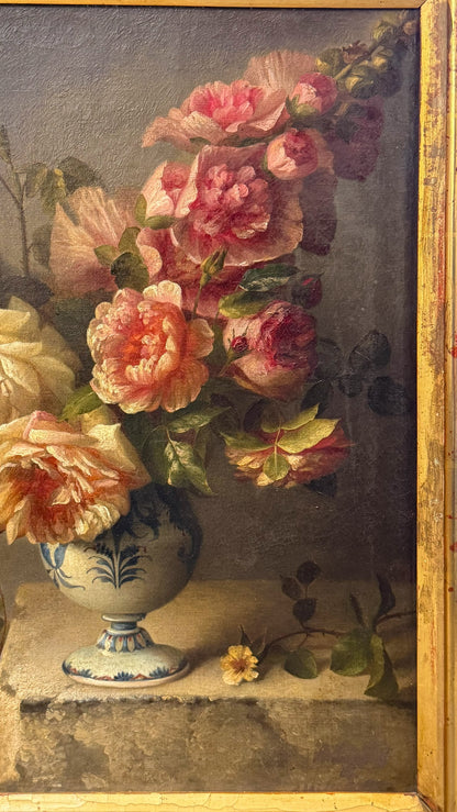 Antique Oil Painting Roses in Blue and White Vase