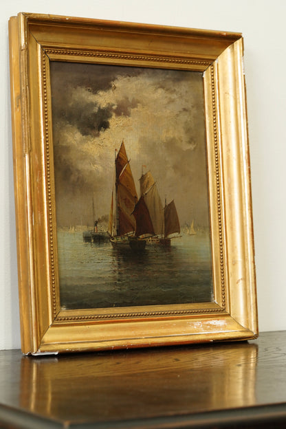 Antique European Ship Nautical Oil Painting