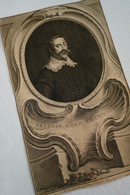 Antique Houbraken Engraving Portrait “Francis, Lord Cottington” Published 1744 | 9 x 14.75