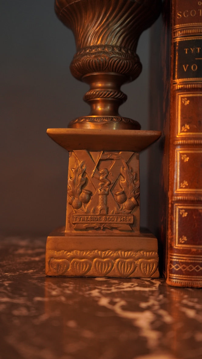 Pair of Antique Brass "Tyneside Scottish" Regimental Urn Bookends – Circa Early 20th Century