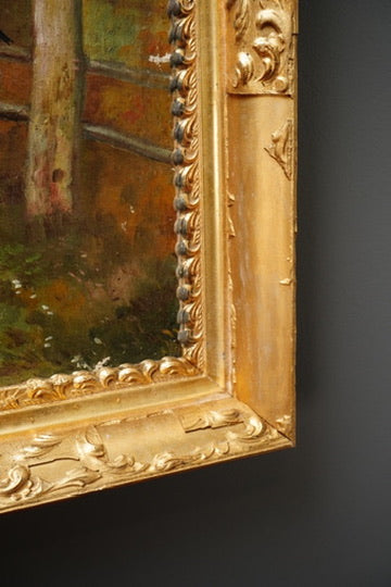 Antique Putti Oil Painting with Lute, Signed Baumann, Classical Garden Scene