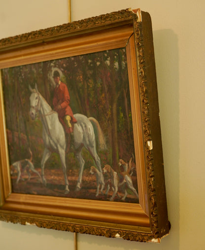 “Fox Hunt” Original British Sporting Art by Geoffrey Mortimer (1895–1986) – Mid 20th-Century British Equestrian Oil Painting in Antique Gilt Frame