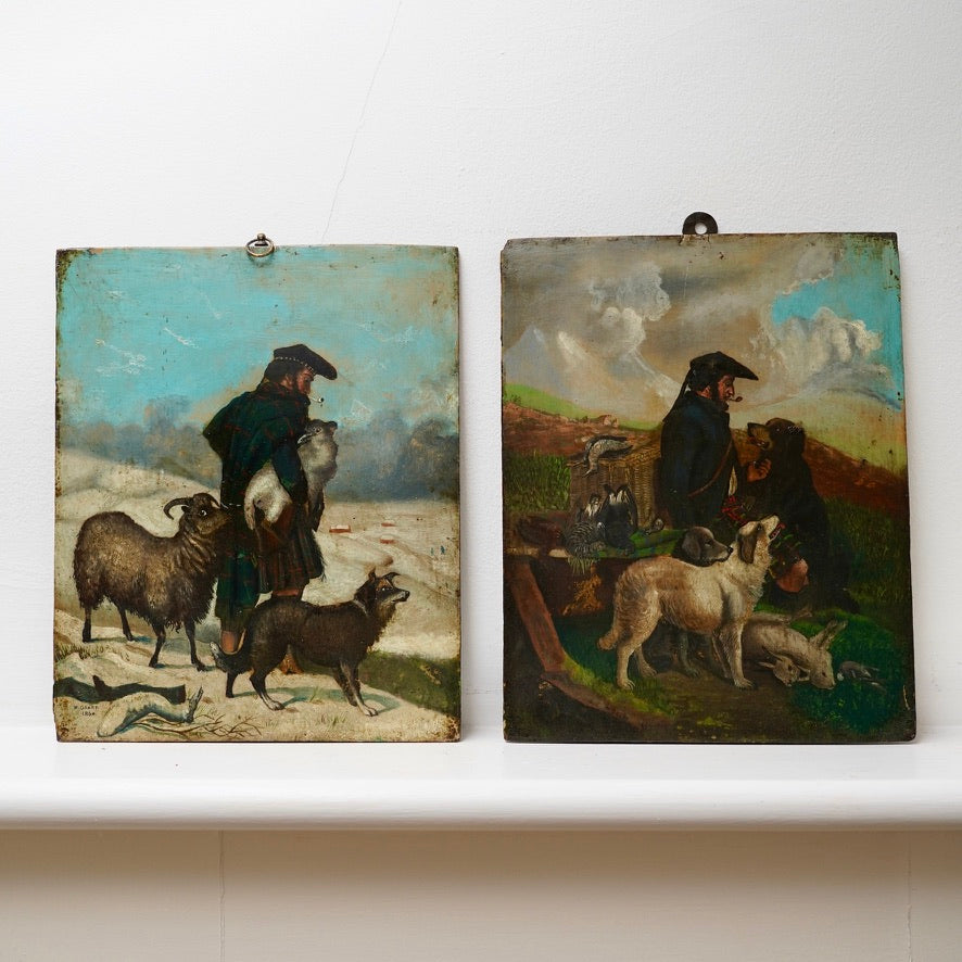 Pair of Scottish Highland Shepherd Oil Paintings on Panel, Signed W. Grant, 1864