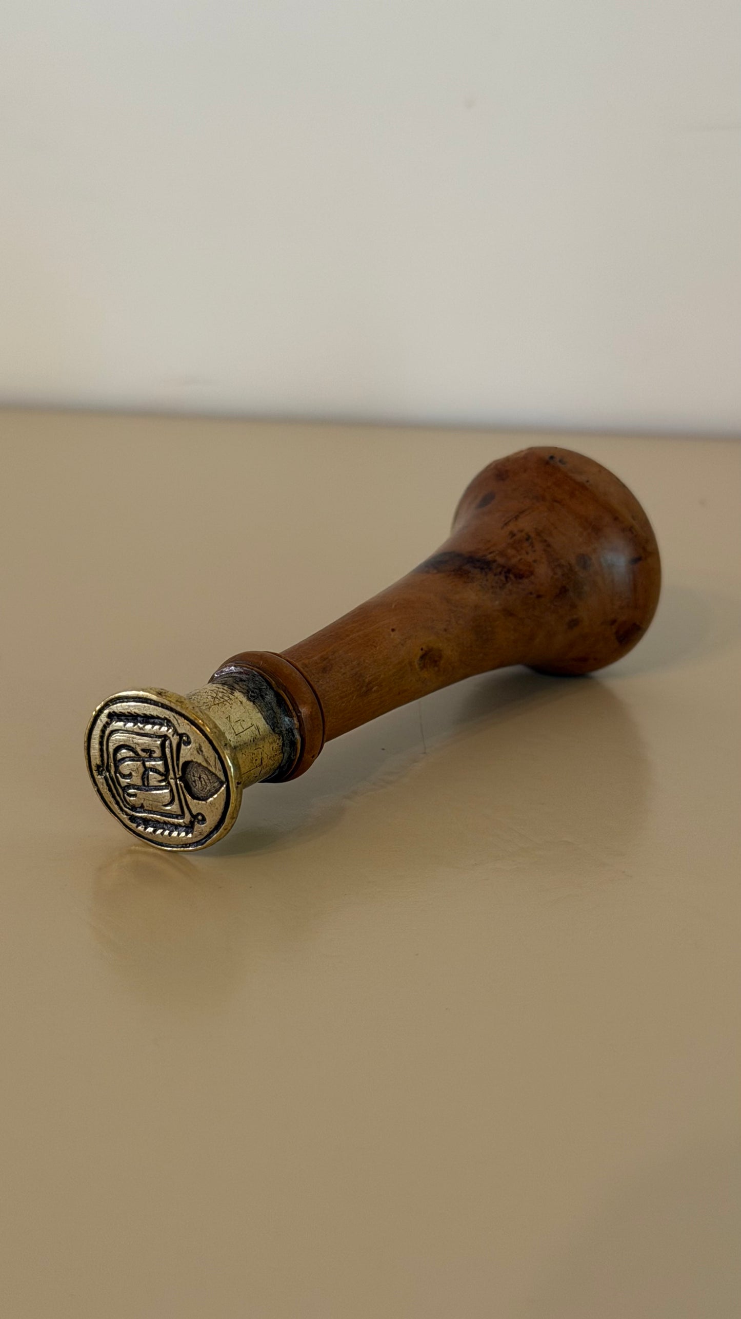 Antique French Armorial Wax Seal Fruitwood Brass Ca. 1880