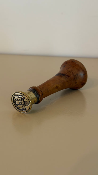 Antique French Armorial Wax Seal Fruitwood Brass Ca. 1880