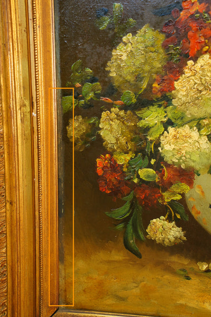 Signed Antique French Oil Painting Floral Still Life in Tureen