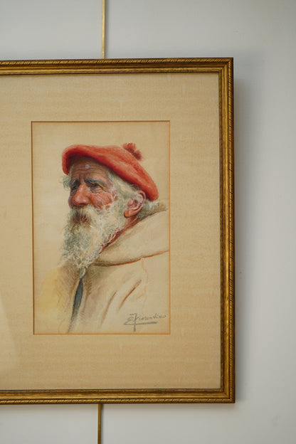 Early 20th Century Watercolor Painting "Portrait of an Italian Man" by Enrico Florentino