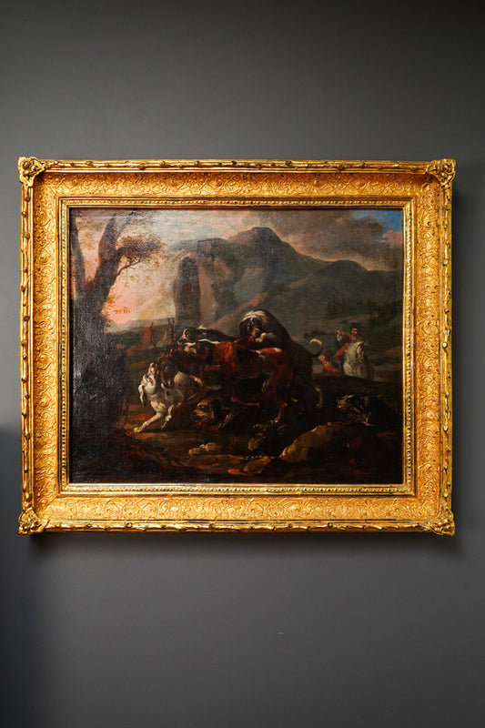 18th Century French Stag Hunt Oil Painting, Fontainebleau Tradition