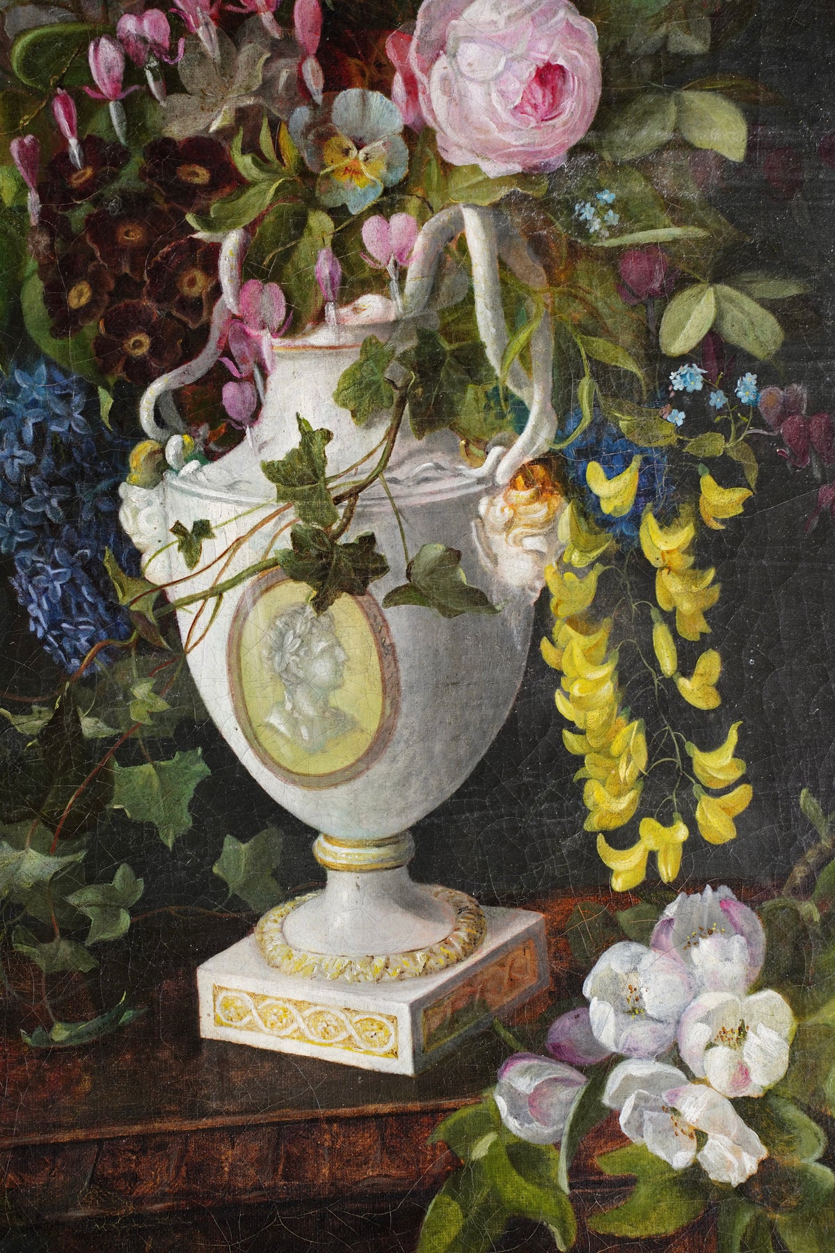 Antique Floral Still Life Oil Painting of Flowers in a Porcelain Urn
