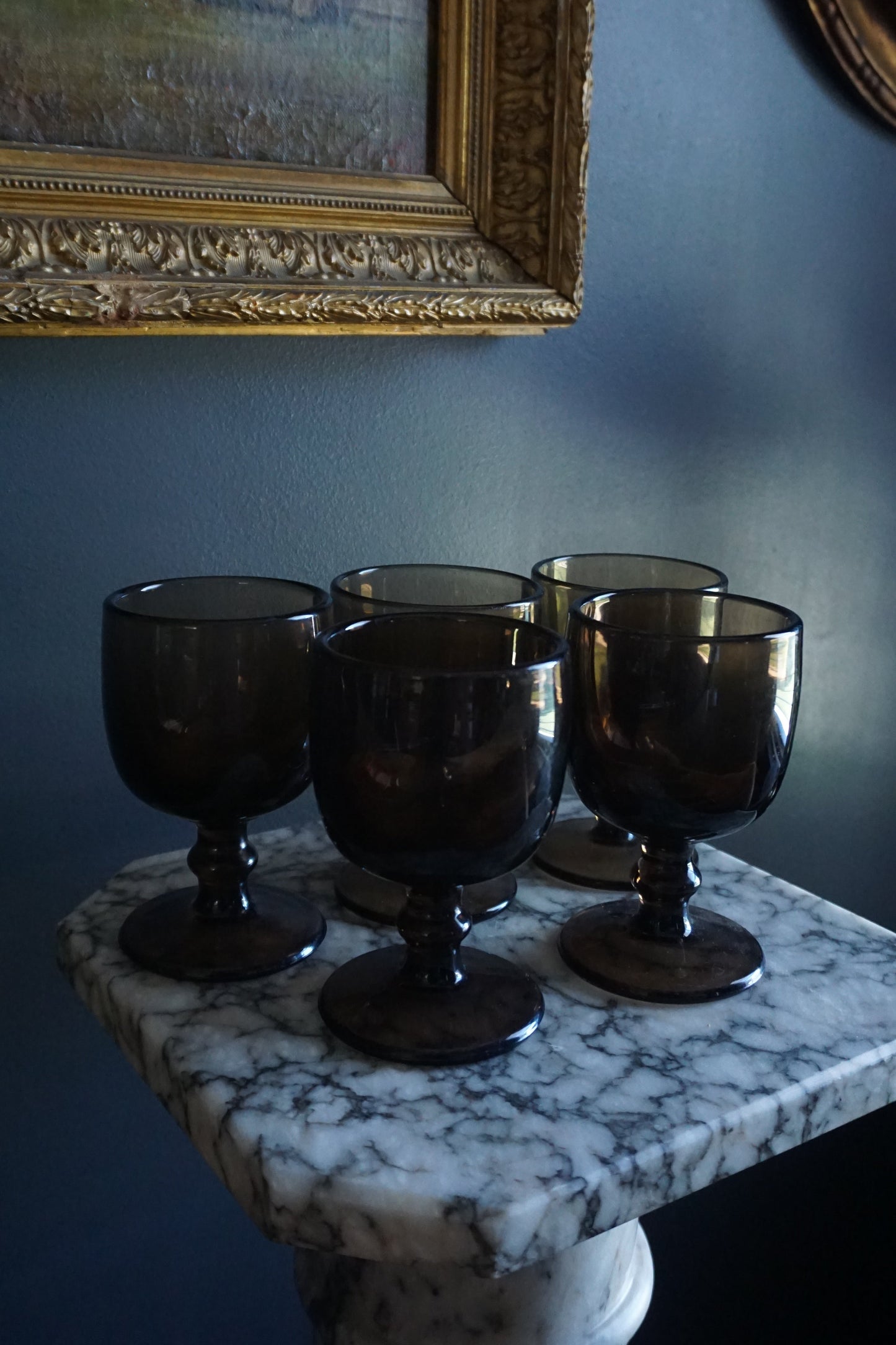 Set of 5 Vintage Mid-Century Smoke Glass Cordial Goblets | Hoffman Style Barware, 1960s–1970s