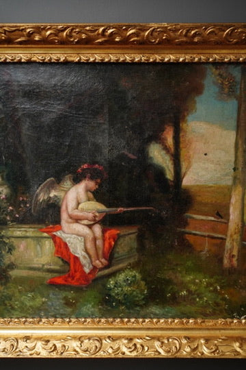 Antique Putti Oil Painting with Lute, Signed Baumann, Classical Garden Scene