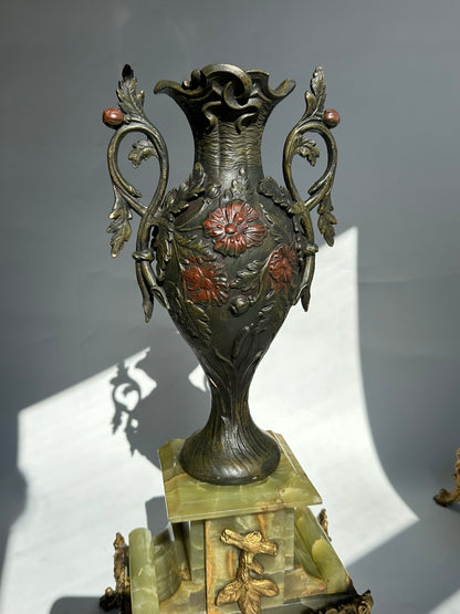 ^ Pair of Antique French Neoclassical Spelter and Onyx Urns with Gilt Brass Accents