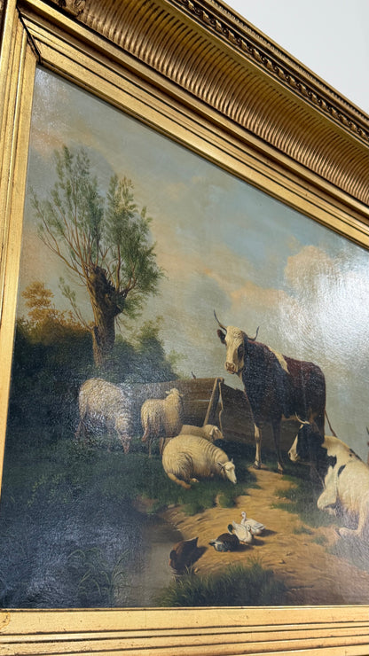 Antique Signed Dutch Oil Painting of Cows and Sheep in Meadow