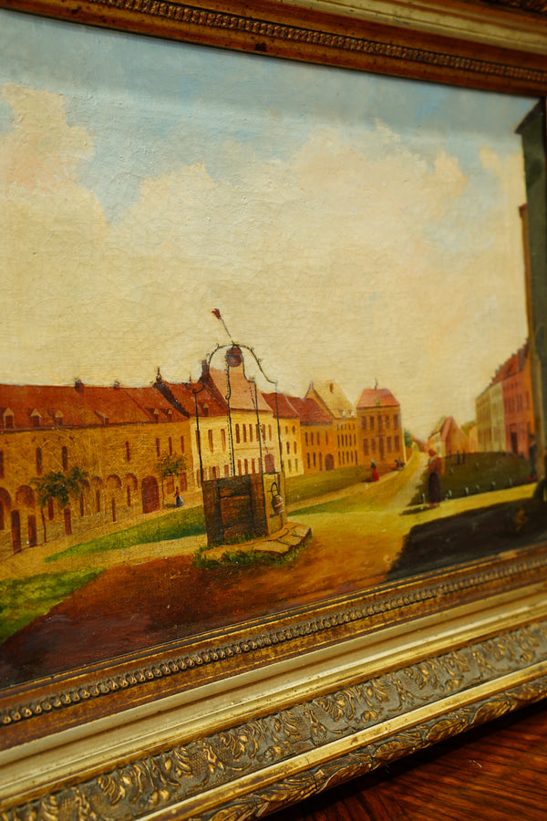 Antique Oil Painting of a European Town Square secondary view