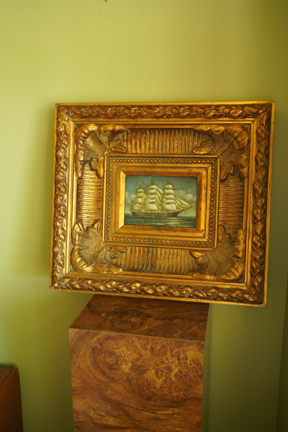 Mid-Century Hand-Painted Maritime Oil on Board in Ornate Carved Frame | American Clipper Ship Scene