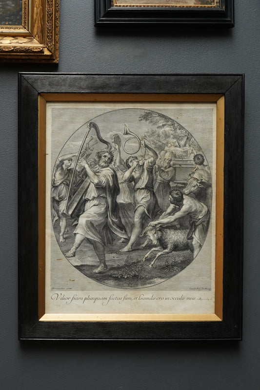 Johann Jakob Frey Engraving “The Triumph of David” after Domenichino | 18th-Century Biblical Print in Black Frame