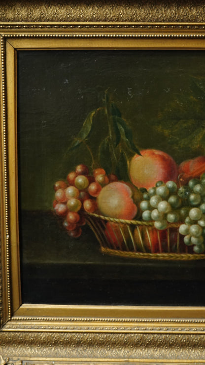 Antique Continental Still Life of Peaches and Grapes in a Basket Oil Painting