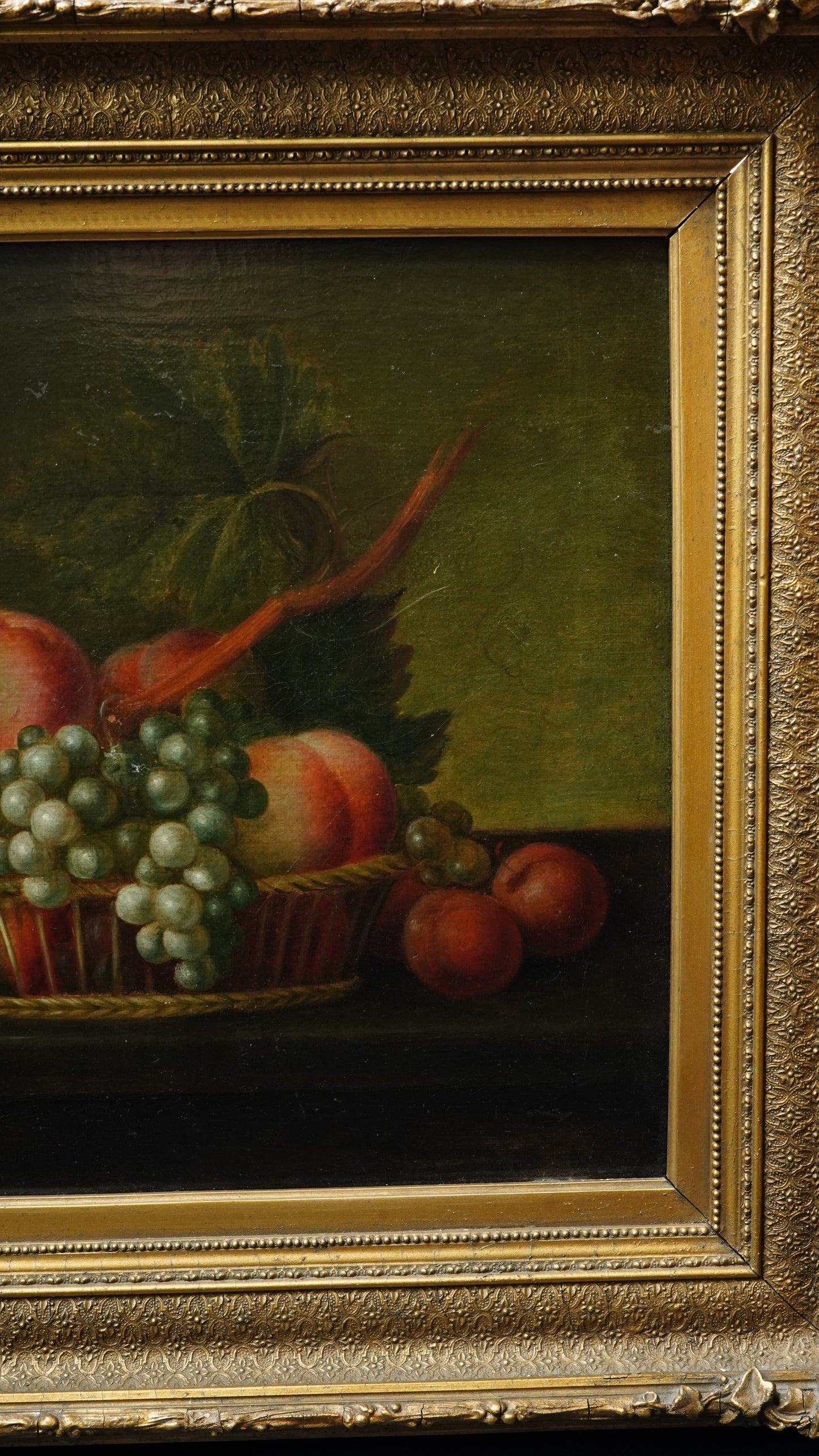 Antique Continental Still Life of Peaches and Grapes in a Basket Oil Painting