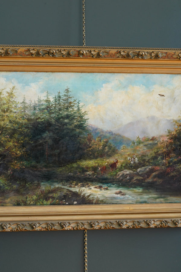 19th Century British River Landscape with Cattle and Drover, Oil on Canvas secondary view