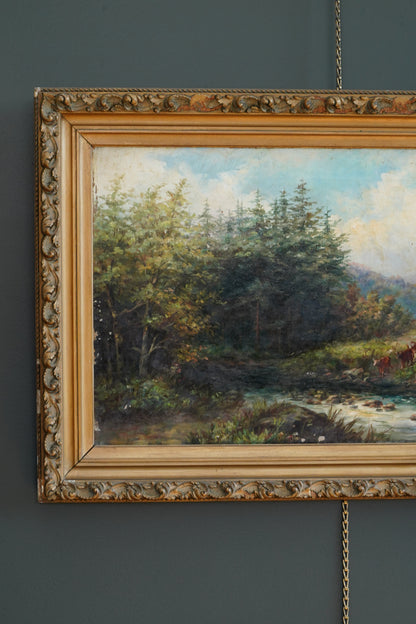 19th Century British River Landscape with Cattle and Drover, Oil on Canvas