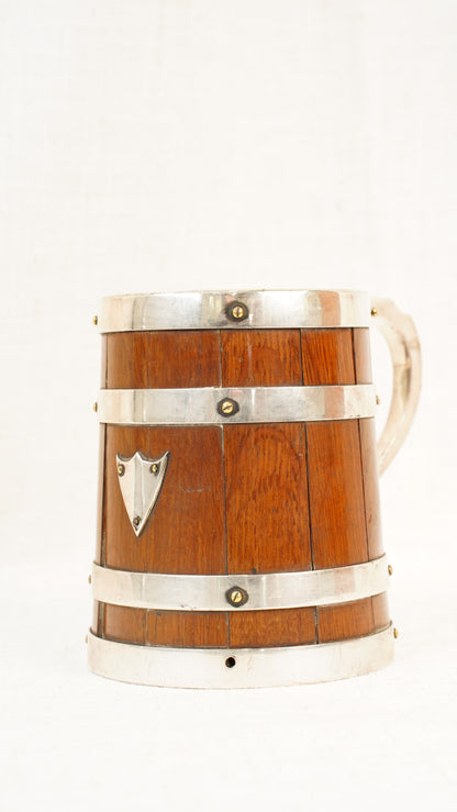 Antique English Oak and Silver Plate Tankard, Sheffield