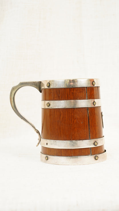 Antique English Oak and Silver Plate Tankard, Sheffield